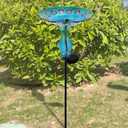 John's Studio Peacock Bird Bath for Outdoor - Glass Bowl Solar Light Cage Outside Dish Bird Feeder with Metal Stake for Garden, Yard and Patio - 32 inches