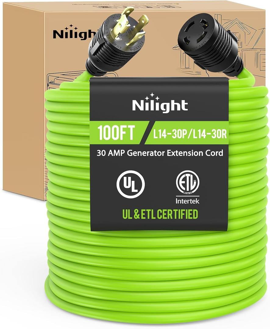 Nilight 100FT 30 Amp Generator Extension Cord 10/3 Gauge L14-30P to L14-30R | 125V Heavy Duty Pure Copper STW Wire UL ETL Listed 3 Prong Weatherproof Suit for Camper Outdoor Use Bright Green