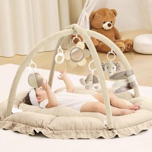 ANGELBLISS 5 in 1 Baby Play Gym Mat, Reversible Tummy Time Mat with 5 Sensory Toys for Stage-Based Developmental, Thick & Large Baby Activity Center from Newborn to Toddler (Khaki)