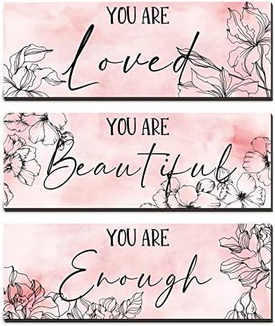 Yookeer 3 Pcs Floral Wooden Hanging Wall Art Inspirational Quotes You Are Beautiful Room Picture Decor Thank you Birthday Women Gift Teacher Assistant(4 x 11 Inch,Pink)