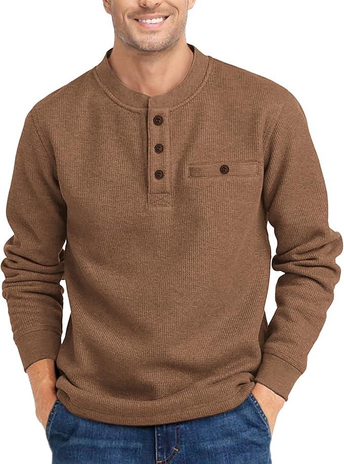 PRIVIMIX Mens Waffle Henley Long Sleeve Cotton Casual T-Shirt Fashion Three Button Pullover with Pocket Brown L