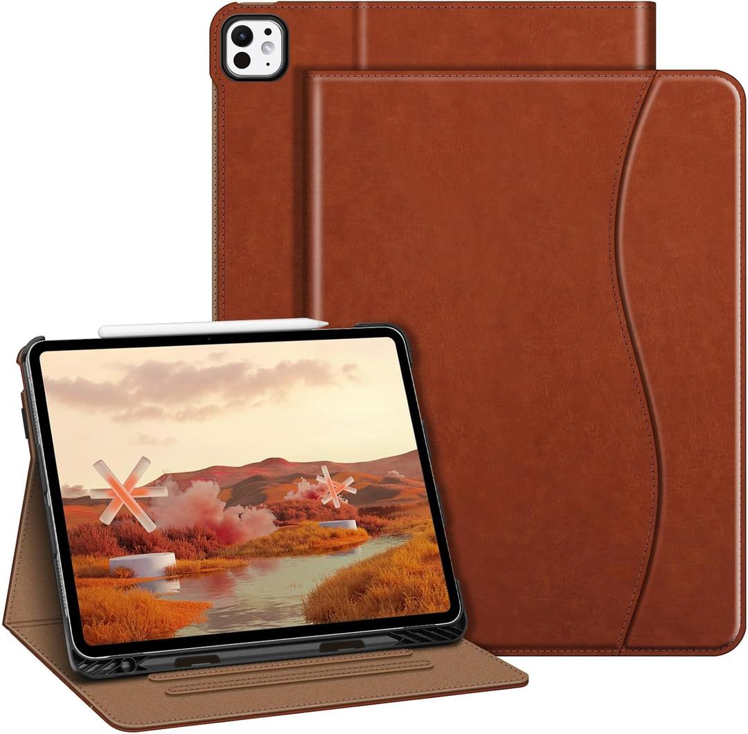 Fintie Folio Case for iPad Pro 13-inch (M5) 2025 / (M4) 2024, Multi-Angle Viewing Protective Stand Cover with Pencil Holder & Pocket, Auto Sleep/Wake, Brown