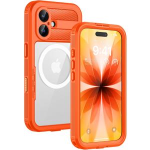 Lanhiem Magnetic for iPhone 17 Case, IP68 Waterproof, Dustproof, Compatible with Magsafe, Built-in Screen Protector, Full Body, Heavy Duty, Rugged Phone Cover, 6.3 inch, Cosmic Orange