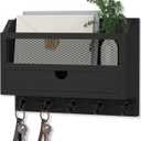 Nekon Key and Mail Holder for Wall, Key Organizer with 5 Hooks & Storage Drawer, 11" W x 7.9" H x 3.1" D Wooden Key Rack for Entryway and Home Decor (Black)