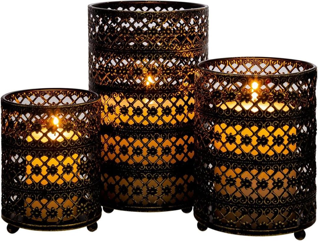 Metal Candle Holders Set of 3, Decorative Tealight Candle Holder Sets, Candlestick for Pillar Vintage Style Perfect for Tabletop Centerpieces Home Decor Wedding Parties Events (Pattern Shape, Black&Gold)