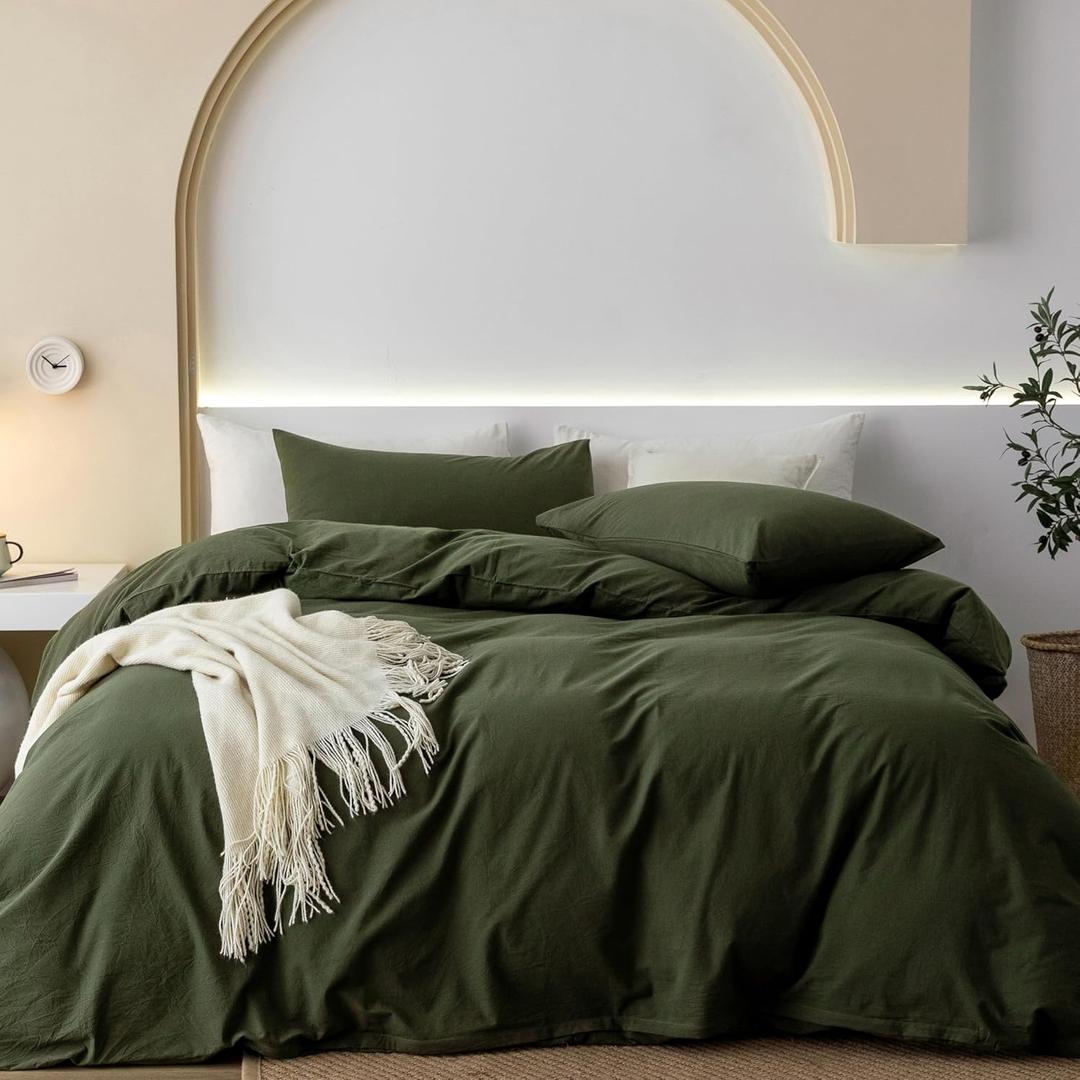 JIYUAN Super King Duvet Cover Set, 3-Piece - 100% Washed Cotton, Linen-Like Soft & Breathable with Zipper Closure, Includes 108x98 Inch Cover & 2 Pillowcases, Solid Olive Green