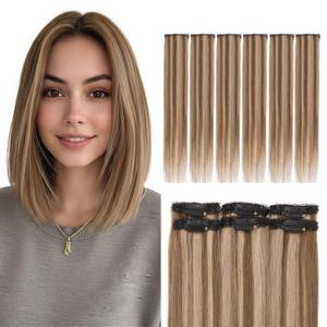 Elailite Clip in Hair Extensions Real Human Hair 6PCS Lace Weft Remy Hairpieces for Women Adding Volume 16 Inch Medium Brown & Dark Blonde