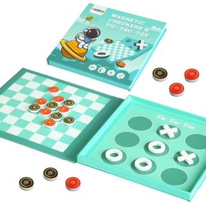 2-in-1 Magnetic Checkers & Tic-Tac-Toe Board Game | Travel Activities for Kids | Foldable Plane and Car Games | Family Fun Travel Essentials for Boy and Girl Over 3 Years