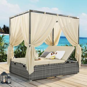 Merax Outdoor Patio Wicker Sunbed Daybed with Canopy, Overhead Curtains, Cushions, Lounge Chairs with Adjustable Seats, Beige