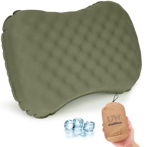 UWILLION Camping Pillow with Ice Silk Memory Foam Cover - Ultralight Inflatable Pillow for Camping Lightweight, Ergonomic and Washable for Camping, Hiking, and Travel Green