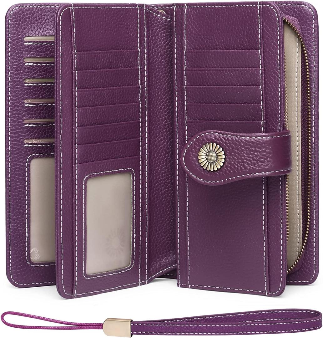 FALAN MULE Women Leather Wallet Large Capacity Bifold RFID Blocking Card Holder with Zipper Coin Pocket (AJ-Deep Purple)