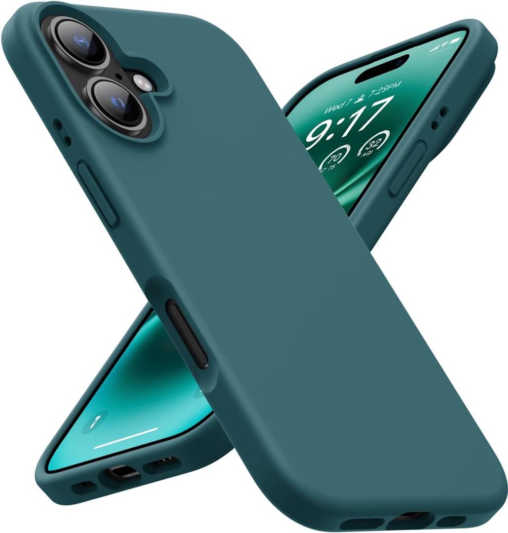 OuXul Designed for iPhone 16 6.1" Case - Slim Liquid Silicone Cover with [Soft Anti-Scratch Microfiber Lining], Shockproof 3-Layer Full Protection (Blackish Green)