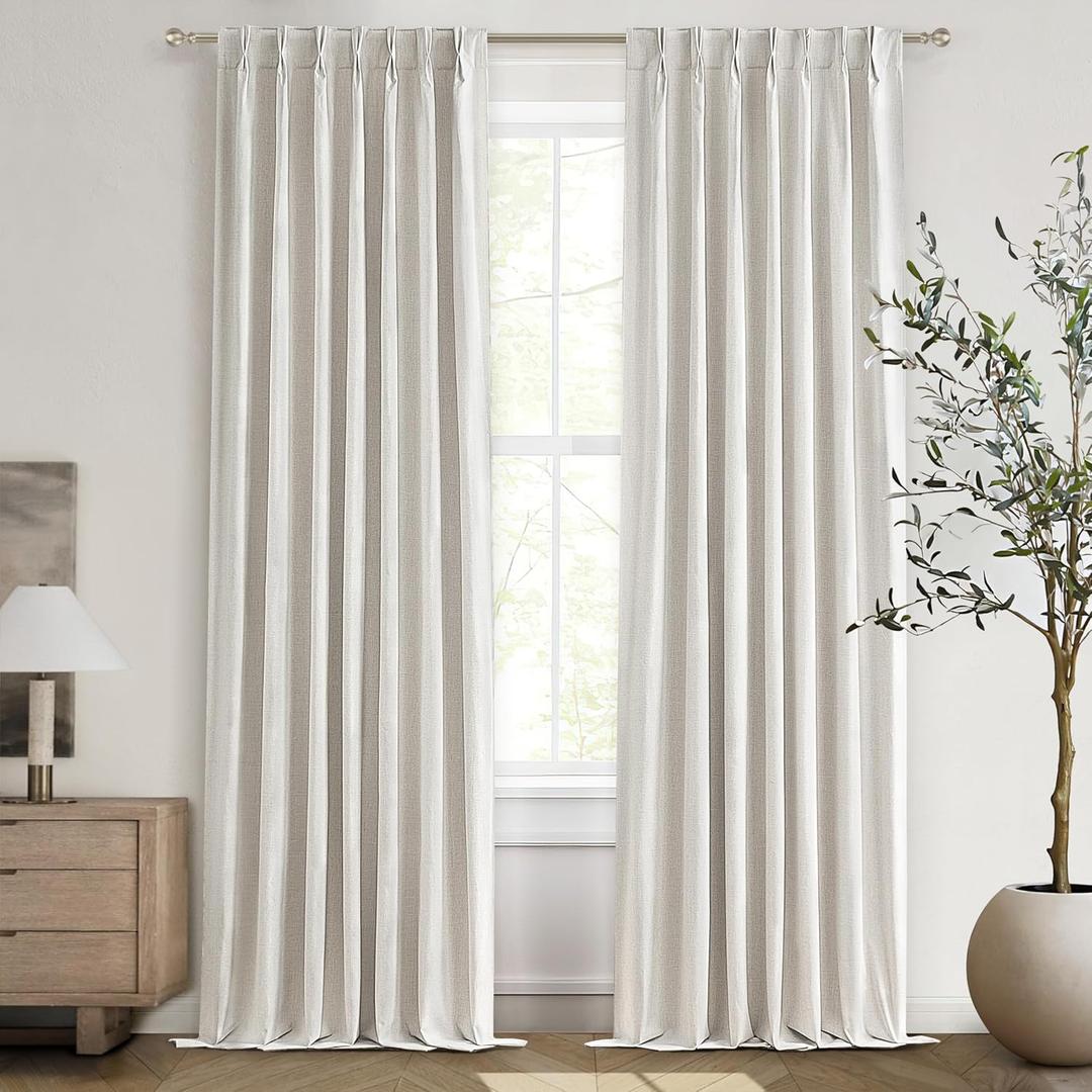 102 Inch Long Curtains Blackout for Bedroom 80 Inches Wide Total Each 40 2 Panels Pinch Pleated Linen Neutral Modern Farmhouse Style Window Drapes for Living Room Back Tab (Beige Ivory) (40"W x 102"L (Pack of 2), Birch)