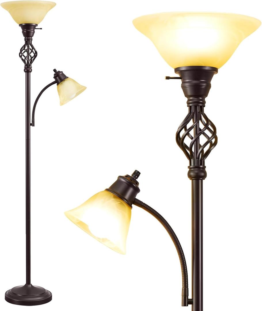 GyroVu Torchiere Floor Lamp for Living Room, LED Standing Reading Light for Bedroom with Glass Shade for Living Room Corner Bedroom Home Office,Bulbs Included (Yellow Lampshade, Glass 2 Head)