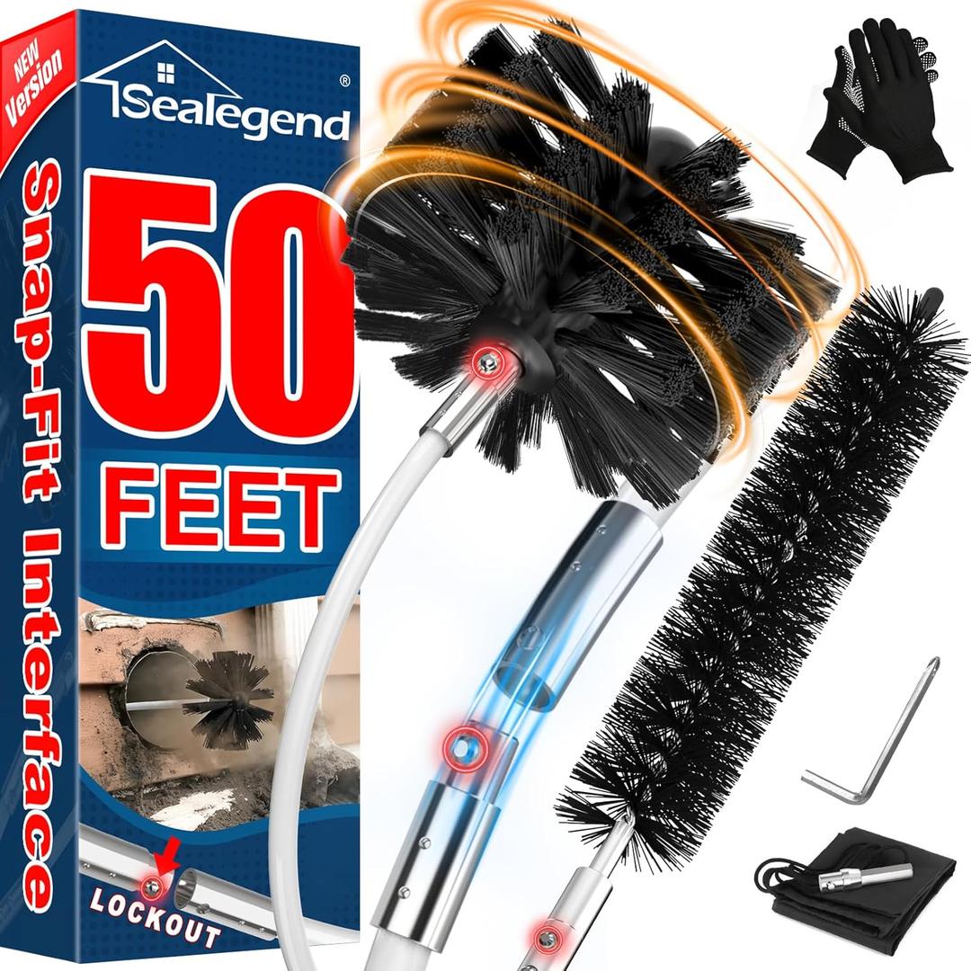 Sealegend 50 Feet Dryer Vent Cleaner Kit/Lint Remover/Fireplace Chimney Brushes/Upgraded Flexible Quick-Snap Brush with Drill Attachment for Easy to use/Cleaning Tools Use with or Without Power Drill