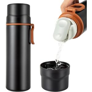 Insulated Water Bottle-Stainless Steel Vacuum Coffee Cup with Handle,Flask Double Walled Sport Travel Mug with Leakproof Lid,Keep Hot & Cold 12 Hours BPA Free 15oz(Black)