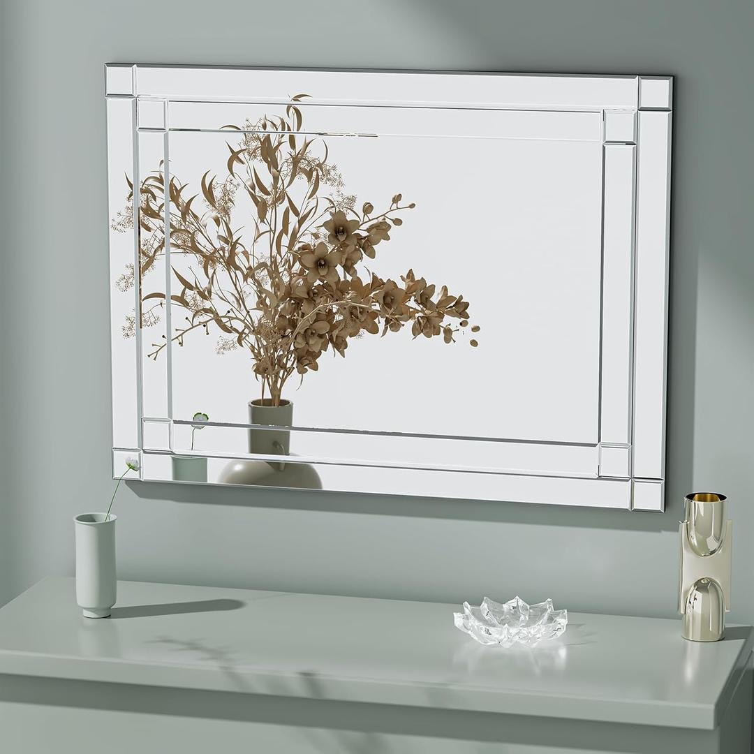48" x 28"Frameless Rectangular Wall Mirror,Polished Beveled Edge Decorative Mirrors Modern Wall Decor Mirrors for Bathroom Vanity, Entryway and Living Room