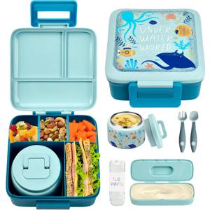 Bento Lunch Box for Kids with 8oz Soup Thermo,Leak-Proof Lunch Containers with 5 Compartment,Thermo Food Jar Food Containers for School (Blue-Octopus)