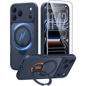 FNTCASE for iPhone 17 Pro-Max Case: [360 Spin Magnetic Stand] [Compatible with Magsafe] [Screen Protector] Translucent Matte Military Grade Shockproof Full Camera Protective Phone Cover - Deep Blue