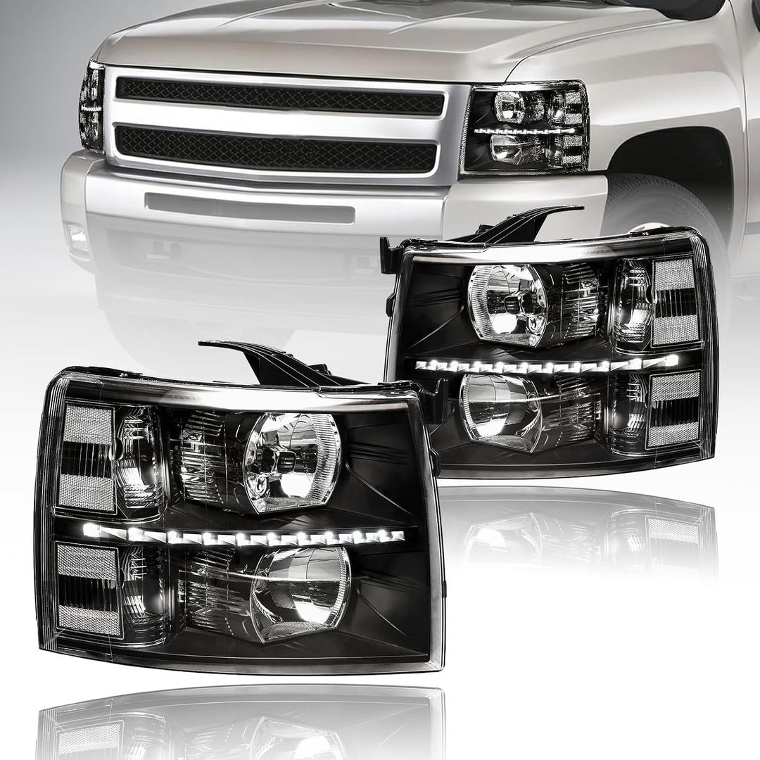LED DRL Headlights Assembly fit 07-13 Chevy Silverado 1500 2500HD 3500HD NOT Fit 2007(Old Body) Classic Models Halogen Headlamp Clear Reflector Black Housing