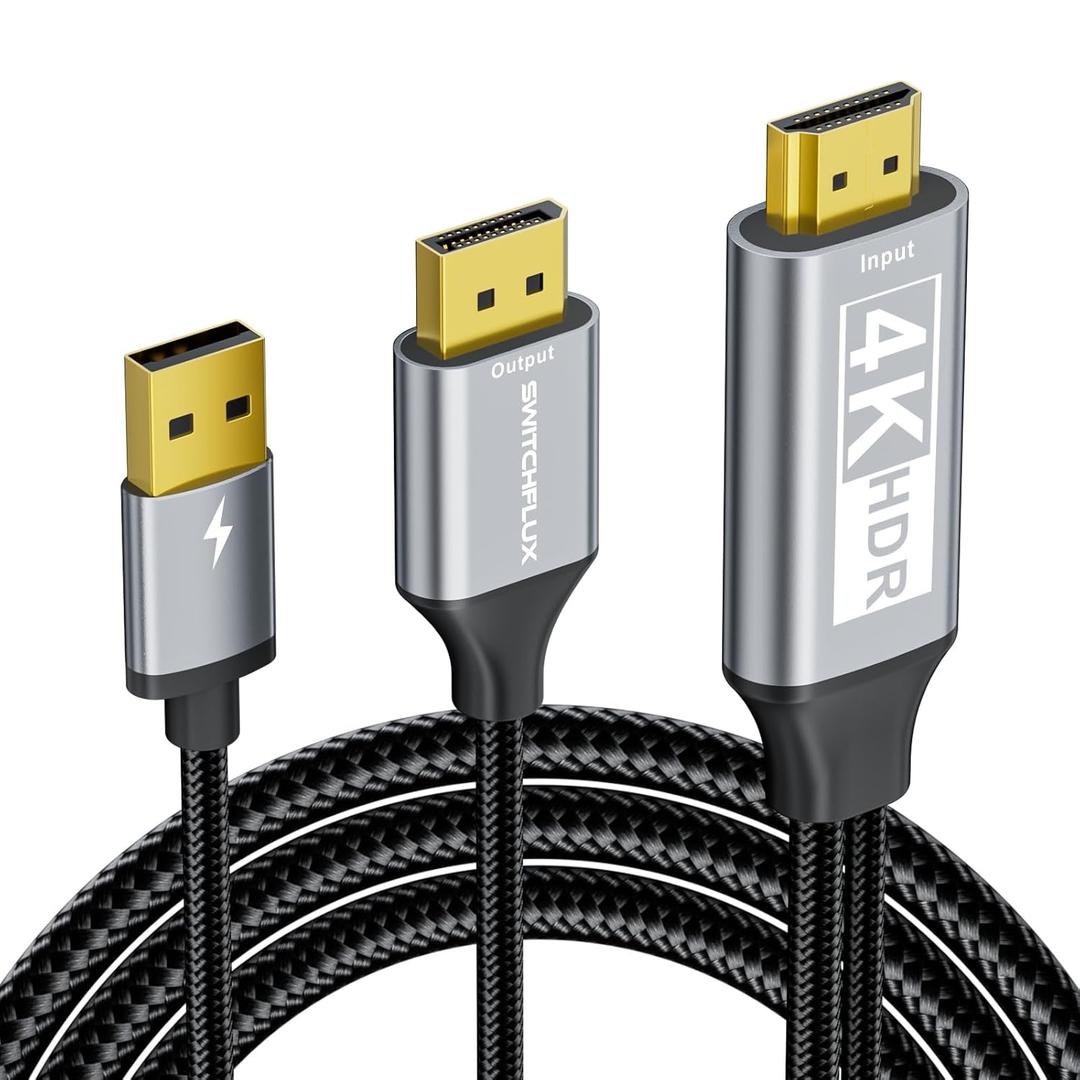 Active HDMI to DisplayPort Cable,4K@60Hz,1080P@120Hz 6FT Uni-Directional HDMI (Source) to DP (Display) Braided Cord Compatible with PC,Laptop,AMD,NVIDIA,PS5,Xbox