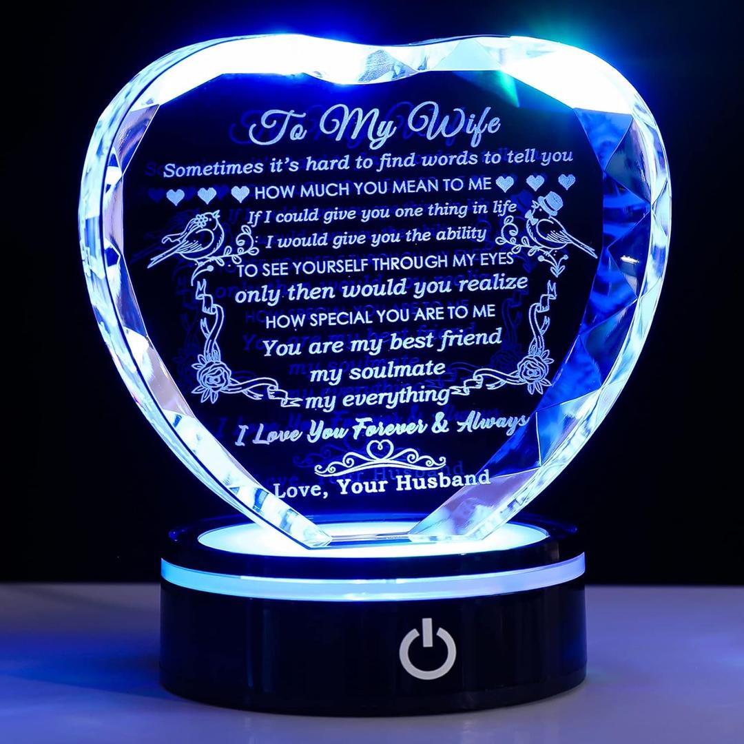 YWHL Gifts for Wife with Colorful LED Base Romantic Wedding Anniversary I Love You Gifts for Her Best Wife Birthday Gift Ideas to My Wife Crystal Keepsakes Presents from Husband