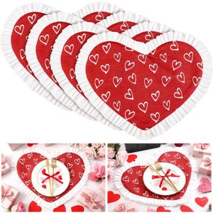 Bucherry 4 Pcs Valentine's Day Heart Placemats 17 Inch Red Love Hearts Placemats Fabric Table Mats with Ruffled White Edge, Seasonal Anniversary Holiday Table Mats for Party Kitchen Dining Decoration