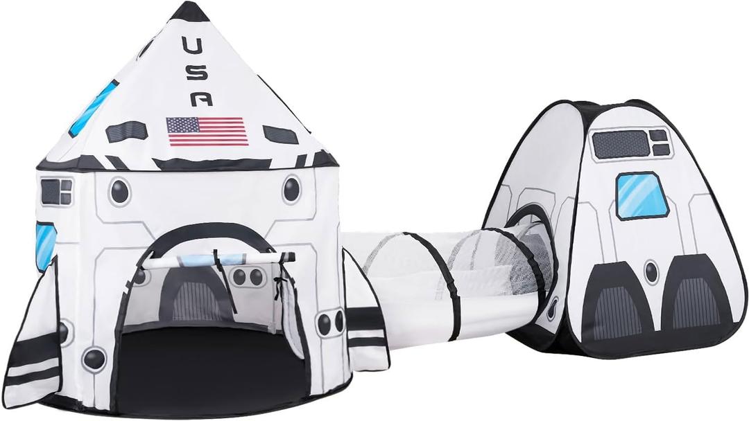 JOYIN White Rocket Ship Pop up Play Tent with Tunnel and Playhouse Kids Indoor Outdoor Spaceship Tent Set, 111.2 Inches X 41.5 Inches X 54 Inches