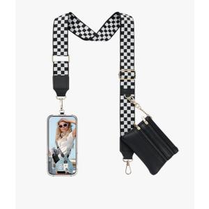 TiMOVO Clip and Go Phone Strap Crossbody with Leather Wallet, Adjustable Anti-Theft Phone Lanyard Checkered Black & White