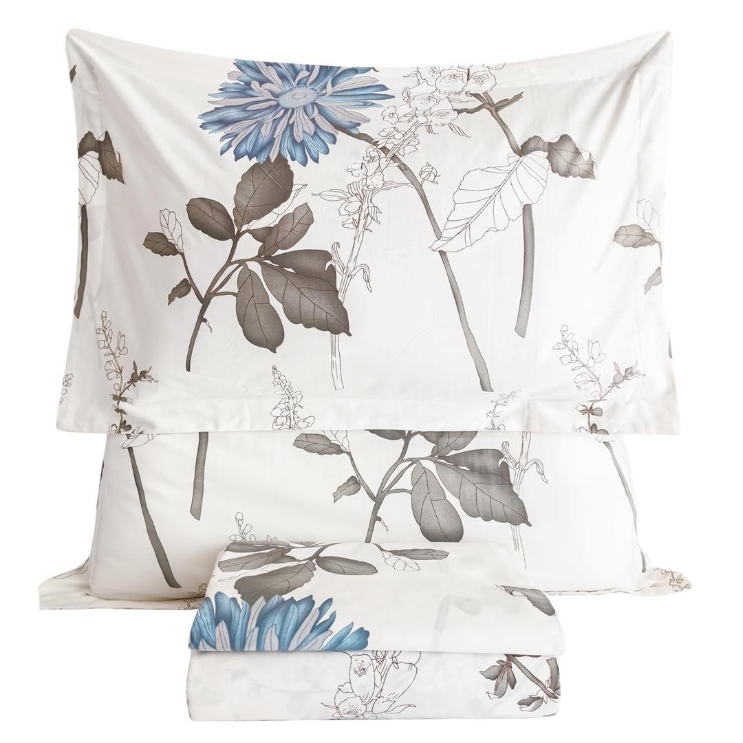 Lady Ann 100% Cotton Floral King Size Sheets Set Deep Pockets, Blue Flowers Printed on Off White Pattern Cotton Cottagecore Bedding Sheets for King Size Bed Cozy Botanical Bed Sheets