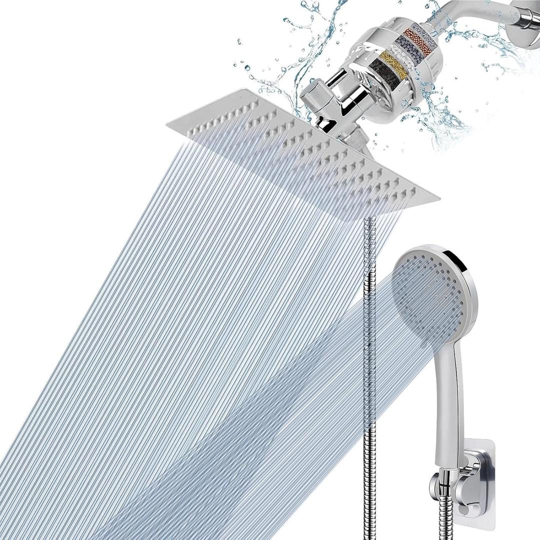 NearMoon Filtered Shower Head, High Pressure 8″Square, 5 settings Handheld Rain Shower Filter Combo with Selfadhesive Holder/1.5M Hose 1 Replaceable Filter Cartridge (Chrome Finish)