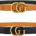 Women Reversible Leather Belt with Fashion G Gold Buckle for Dresses, Jeans, and Coats,width 0.9" (Black)