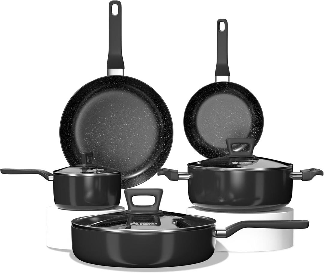 COOKER KING Pots and Pans Set Non Stick, Kitchen Cookware Set, Induction Cookware Set, Health Non Toxic Cooking Pan Set PFOA Free Includes Pots, Pans with Glass Lid, Compatible with All Stoves(Black)