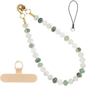 2.0 Handmade Natural Gemstone Crystal Beaded Charm Cell Phone Camera Lanyard, Hands-Free Wrist Strap, Phone Chain String, Keychain Decor for Walle (Green Jade)
