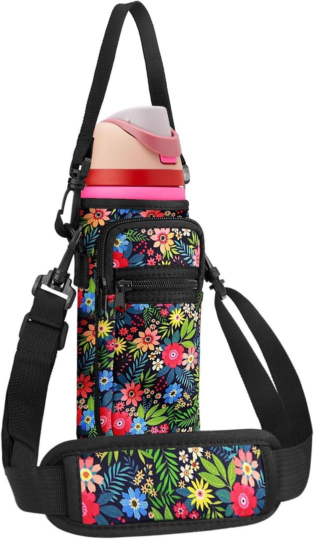 Neoprene Water Bottle Holder Bag with Cell Phone Pocket Compatible with Owala FreeSip 24 ozWater Bottle Carrying Bag with Adjustable Shoulder Strap,for 24oz Stainless Steel Water Bottle (Wild Flower)