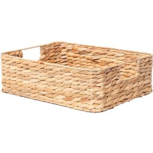 YAHUAN Water Hyacinth Storage Baskets for Organizing Drawer Basket With Handle Square Shallow Basket Wicker Baskets for Shelf (Original)