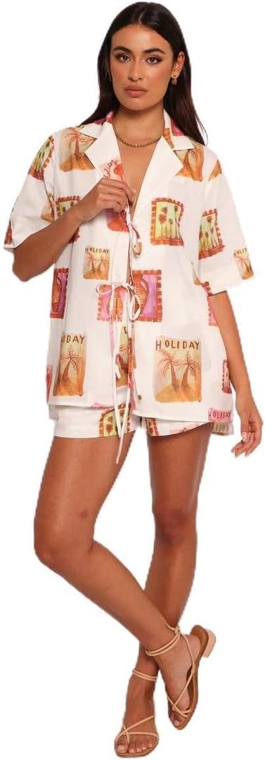 Petal & Pup Women's Aaliyah-Tie-Front-Top-White-Multi (Large)