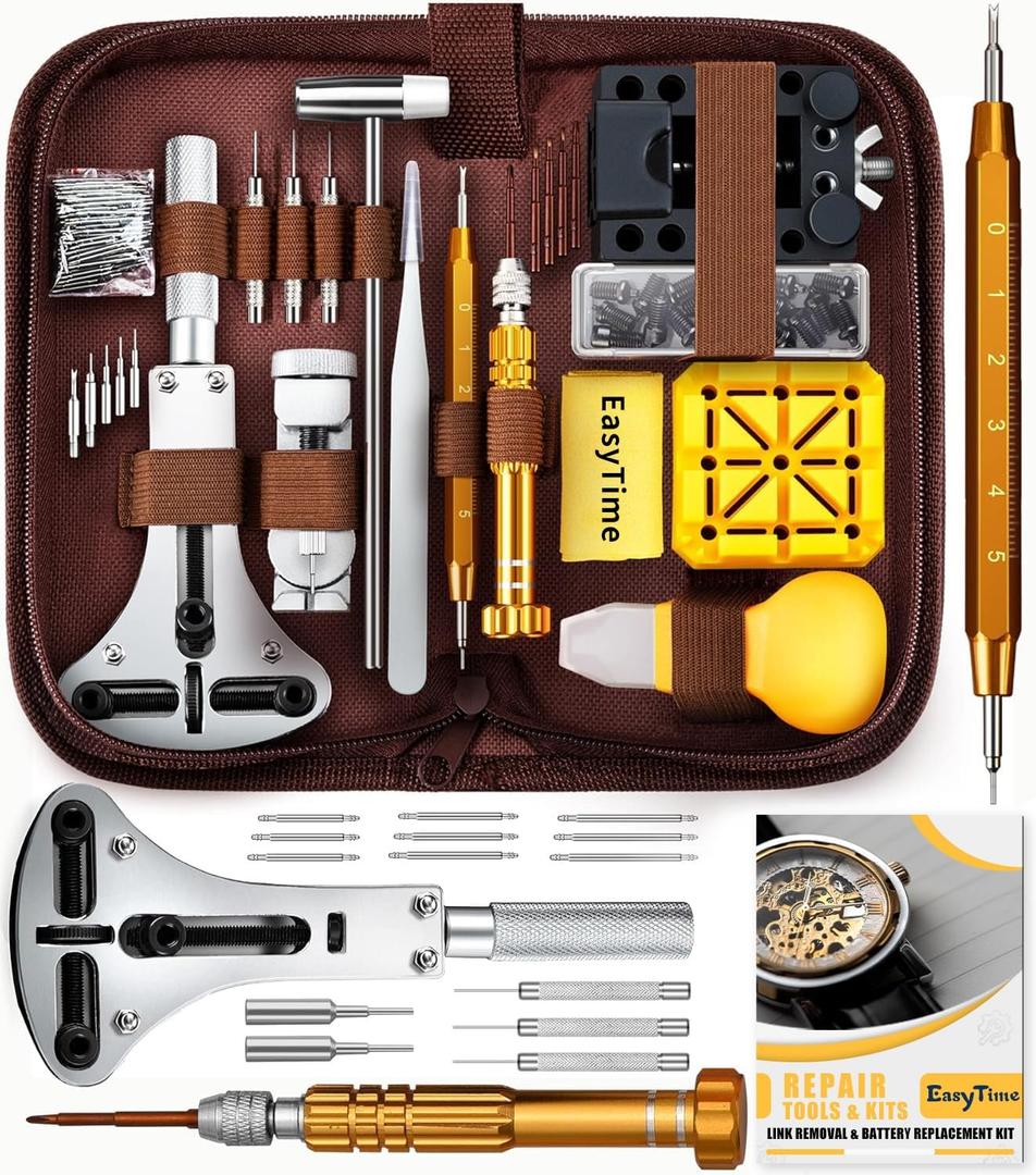 EasyTime Watch Repair Kit, Watch Link Removal Tool, Watch Band Adjustment, Including Watch Back Case Opener, Spring Bar, Operation Manual, Suitable for Battery Replacement and Strap Disassemble (Brown)