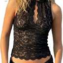 Women Sheer Lace Tank Top Sexy Sleeveless Mock See Through Slim Fit Floral Vest Y2K Date Night Shirts (Black) L