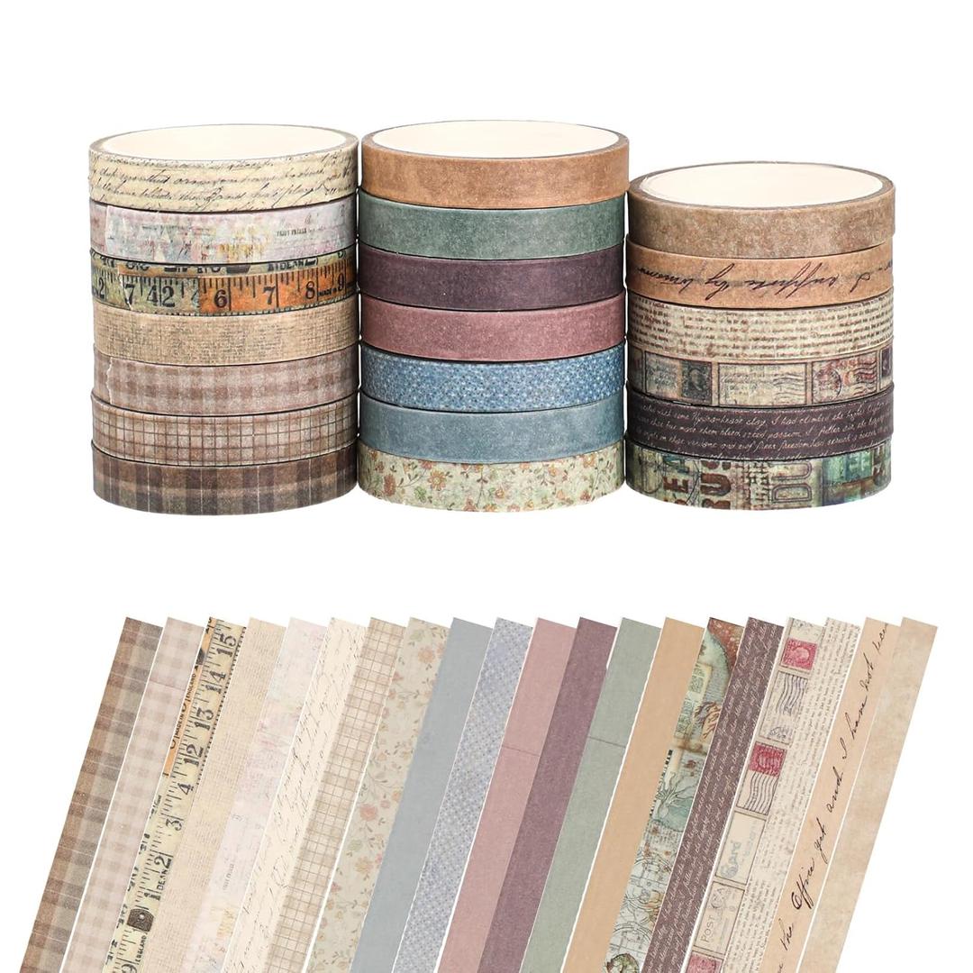 Abeillo 20 Rolls Vintage Washi Tape, 9.8ft Long/Roll Neutral Washi Tapes Set, Adhesive Masking Tape for Scrapbooking Supplies, Planners, DIY Crafts and Gift Wrapping