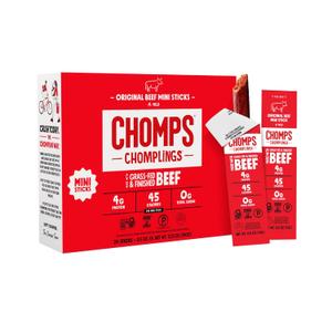 Chomps Snack Size Grass-Fed Original Beef Jerky Snack Sticks 0.5oz 24-Pack - Keto, Paleo, Whole30, 4g Lean Meat Protein, Gluten-Free, Zero Sugar Food, Non-GMO Chomplings, Best Before: 03/16/2027