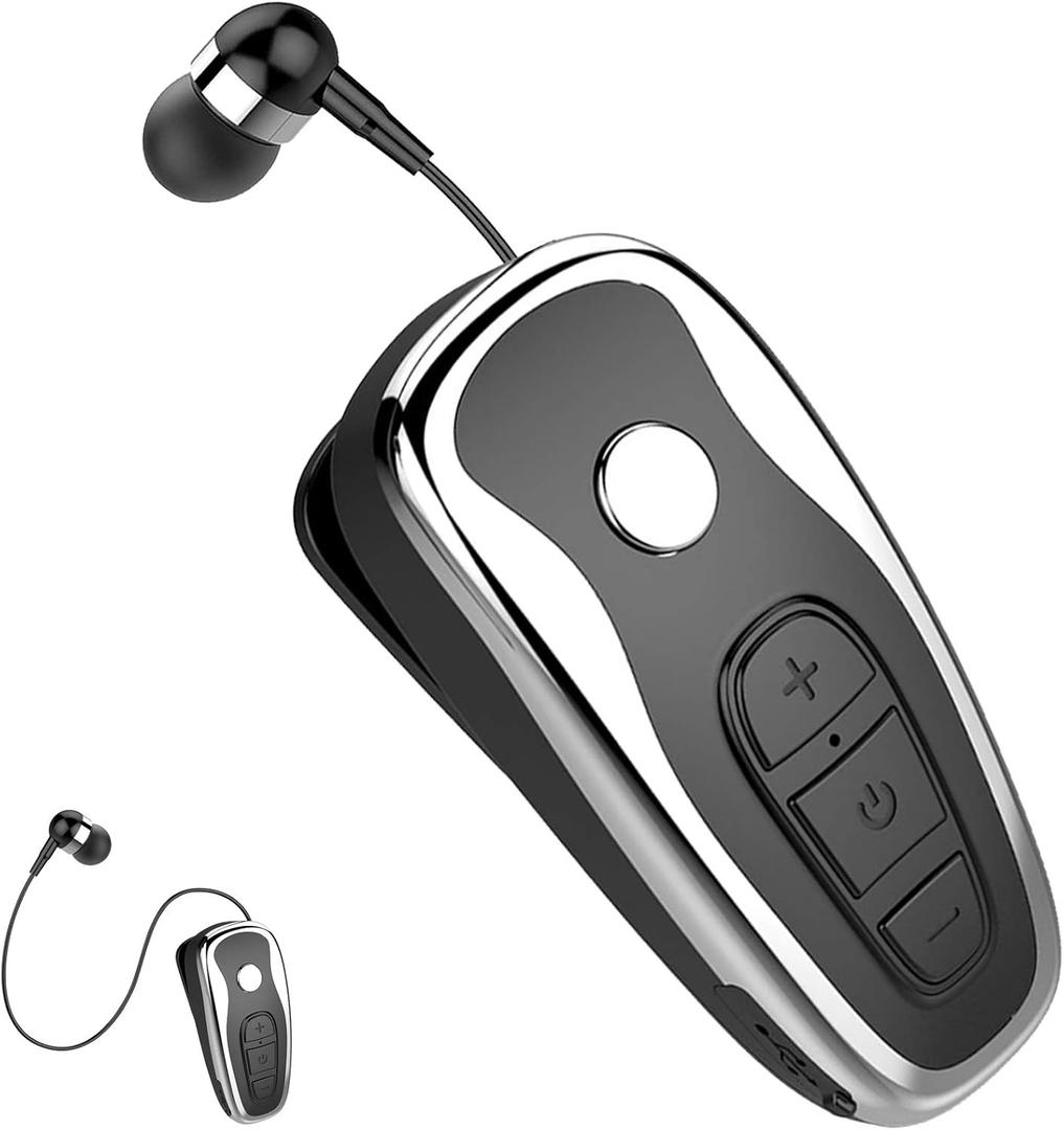 Retractable Wireless Headphone Headset Stereo Earphone lightweight V5.0 Noise Cancelling Mic Clip on Earpiece workout Sports running Business Trucker Driver Music Earbuds For Iphone android Phone (Black)