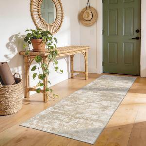 Abstract Washable Runner Rug 2x6, Hallway Rug Non-Slip, Woven Non-Shedding Thin Runners for Entryway, Kitchen, Laundry Room, Beige&Yellow
