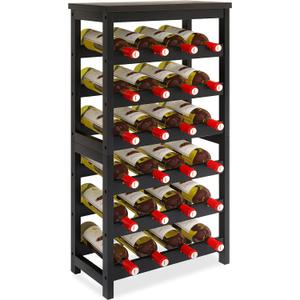 24 Bottle Wine Rack Freestanding Floor, 6 Tier Wine Display Storage Shelves with Tabletop, Bamboo Wine Bottle Holder Stand with Wave Bars for Kitchen Dining Room Pantry, Black