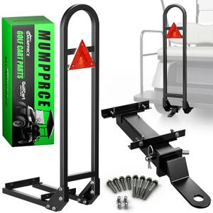 Heavy Duty Golf Cart Rear Seat Safety Grab Bar with 2 Inch Trailer Hitch for EZGO Club Car Yamaha, U-Shape Handrail with Reflective Triangle, Black Steel Fits Metal Footplates for Family Stability