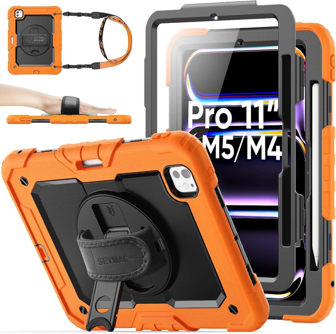 SEYMAC stock for iPad Pro 11 inch Protective Case M5 2025/M4 2024, Heavy Duty Case with Screen Protector, Pencil Holder, Rotating Stand, Hand Strap, Shoulder Strap, Orange