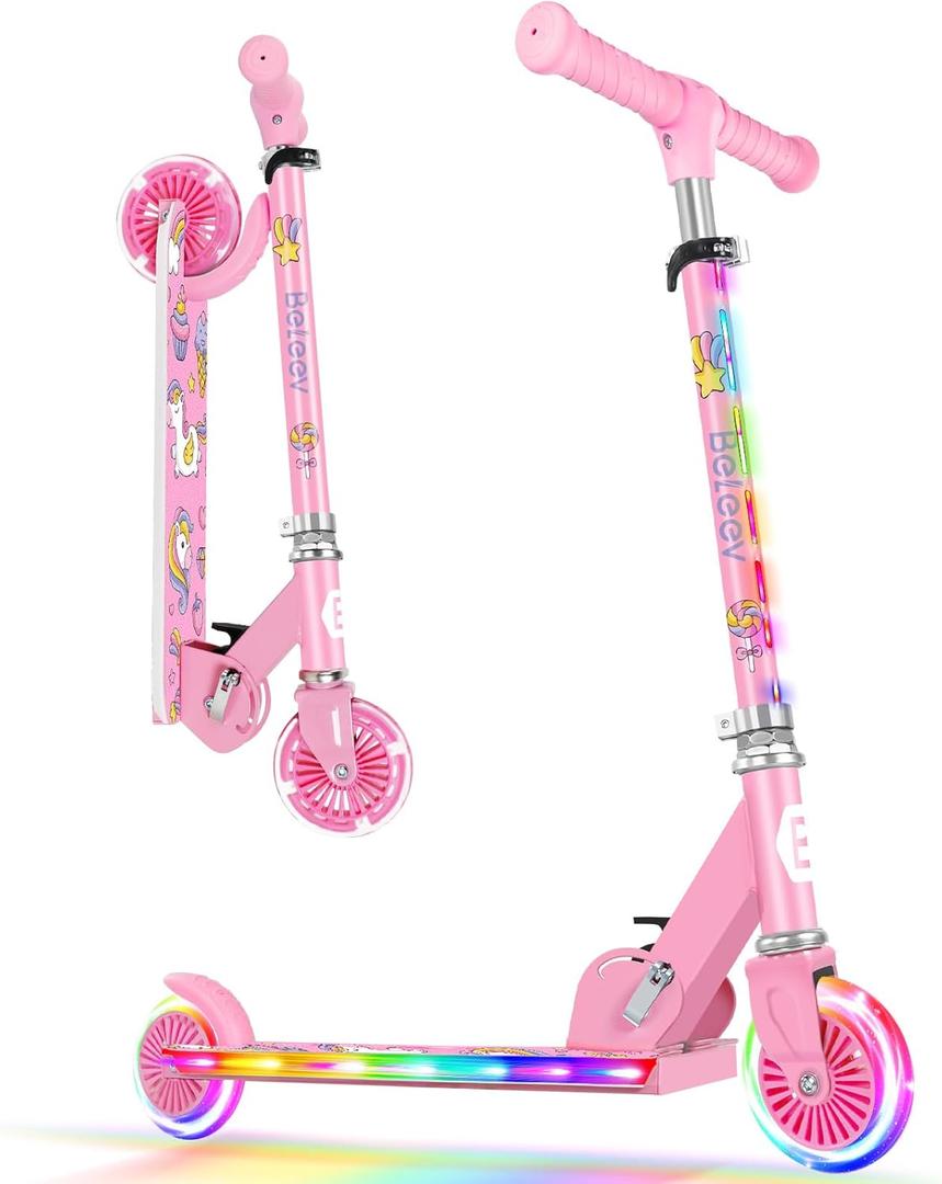 BELEEV V2 Scooters for Kids with Light-Up Wheels & Stem & Deck, 2 Wheel Folding Scooter for Girls Boys, 3 Adjustable Height, Non-Slip Pattern Deck, Lightweight Kick Scooter for Children Ages 3-12, Light Pink
