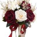 8.6in Wedding Bouquets for Bride Bridesmaid,White Champagne Red Burgundy Rose Artificial Fake Silk Flowers Bridal Bouquets for Wedding With Ribbon Handle Boho Rustic Church Decoration Toss Bouquet