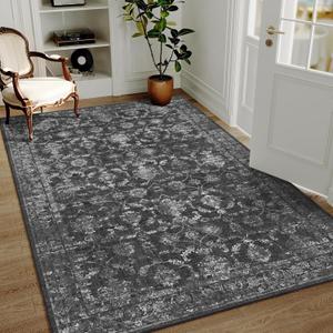 Washable Area Rug 4x6 Black Rugs for Living Room, Vintage Boho Large Rug for Bedroom Dining Room Office, Distressed Floral Print Carpet for Under Table, Soft Non Slip Low Pile Throw Carpet Indoor Mat