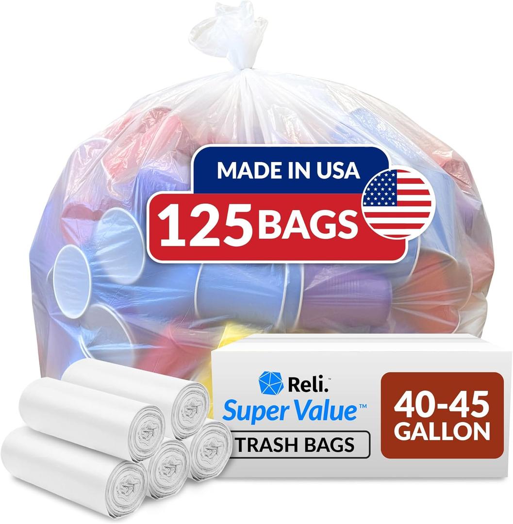 Reli. SuperValue 40-45 Gallon Trash Bags Heavy Duty | 125 Trash Bags | Super Sizeable for Serious Garbage Cleanup (Clear)